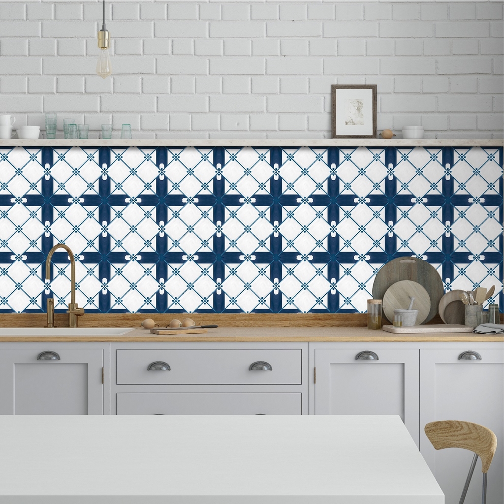 Decal Dán Bếp Họa Tiếp Gạch Men Ốp Cổ Điển Sọc Xanh Cao Cấp