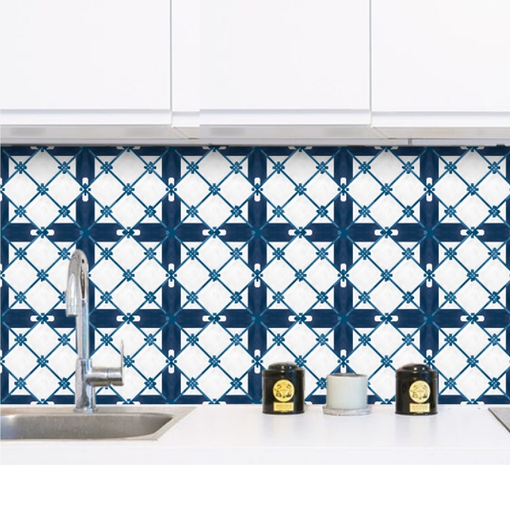 Decal Dán Bếp Họa Tiếp Gạch Men Ốp Cổ Điển Sọc Xanh Cao Cấp