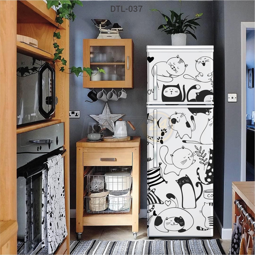 Decal Dán Tủ Lạnh Những Chú Mèo Dễ Thương Trắng Đen Cao Cấp Decal24h