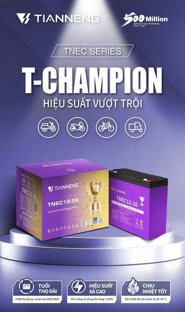 BÌNH ẮC QUY XE MÁY ĐIỆN THIÊN NĂNG TIANNENG TNEC12-26 (12V – 26AH)