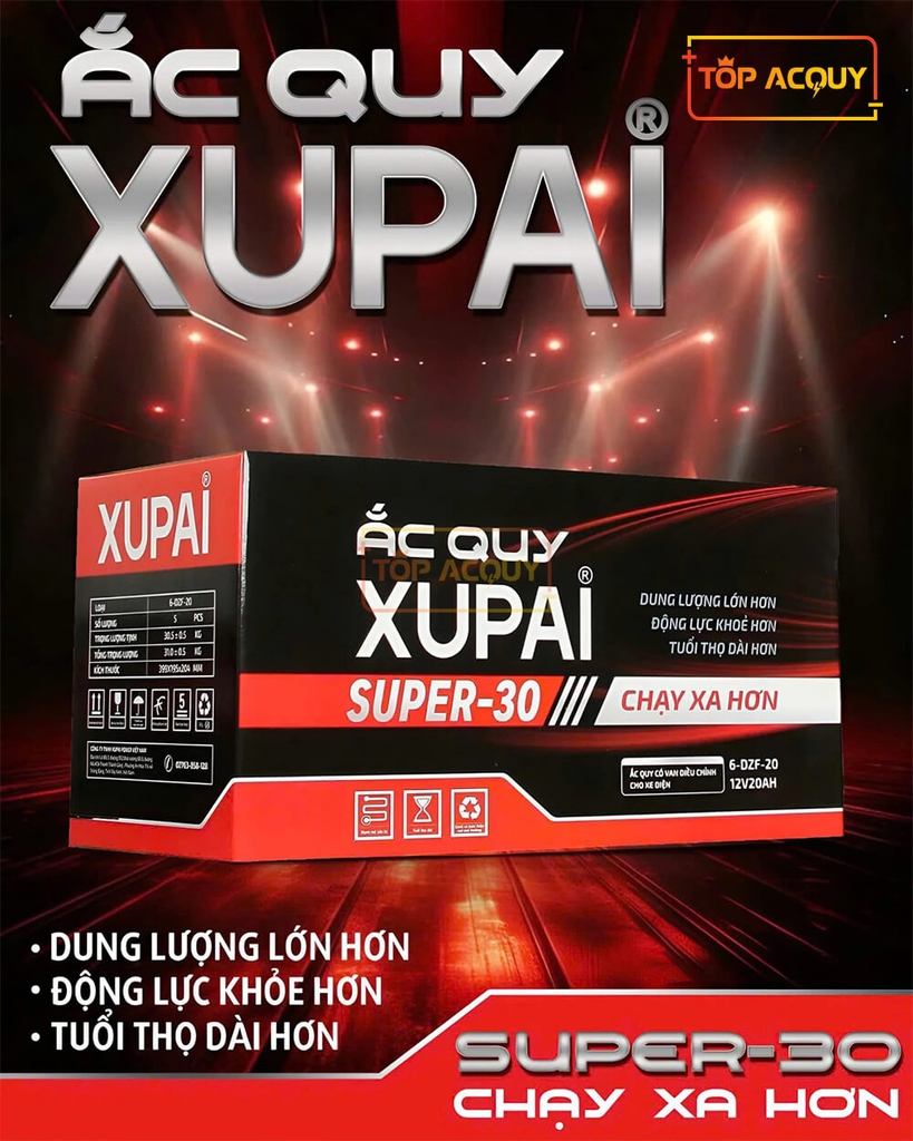 BÌNH ẮC QUY XE MÁY ĐIỆN XUPAI SUPER-30 (6-DZF-20) 12V - 20AH