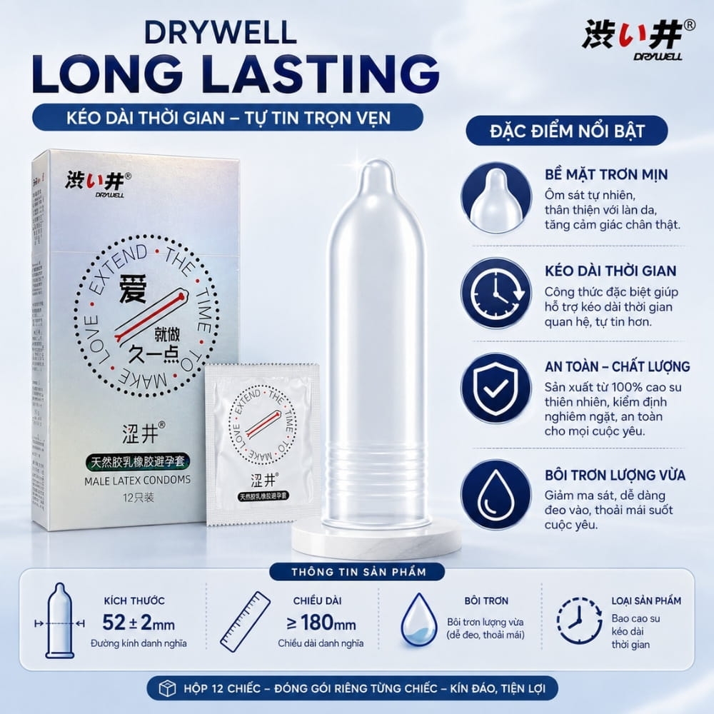 Bao cao su DryWell Long Lasting kéo dài thời gian hộp 12 chiếc