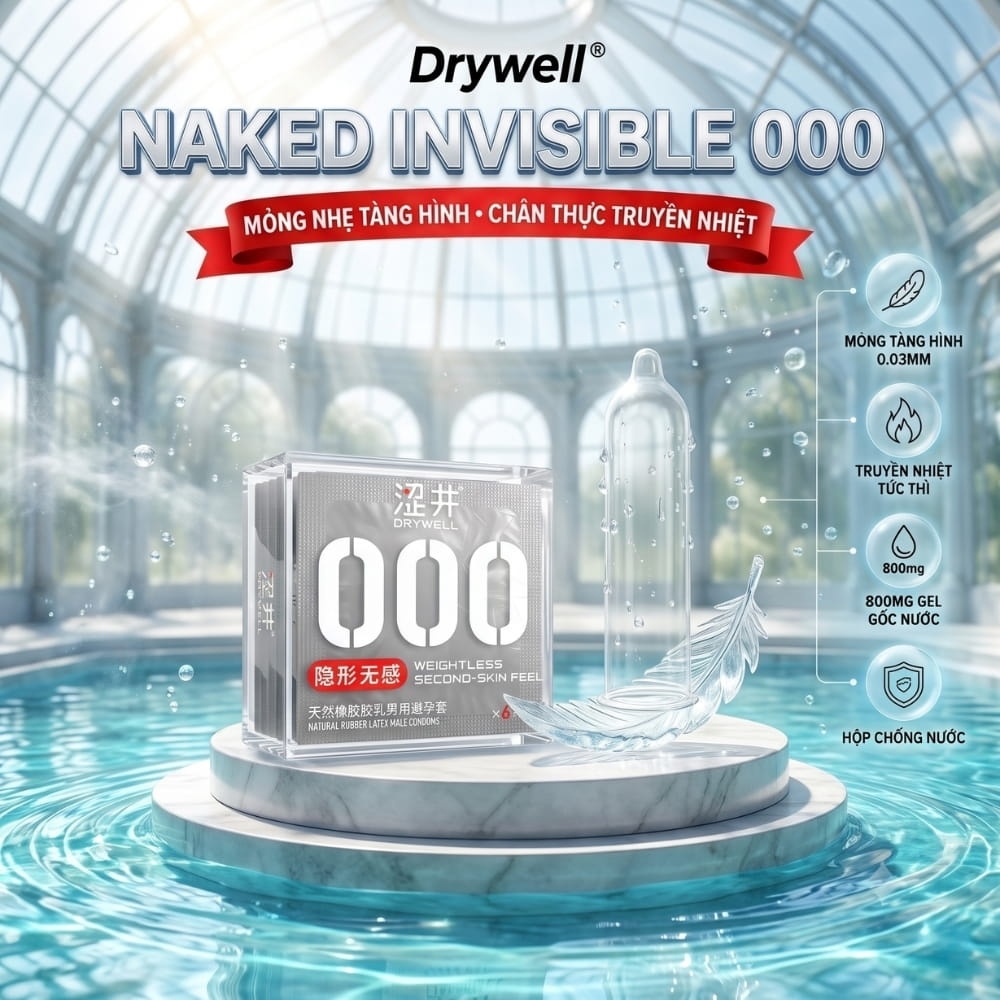Bao cao su DryWell Naked Invisible 000 siêu mỏng hộp 6 chiếc
