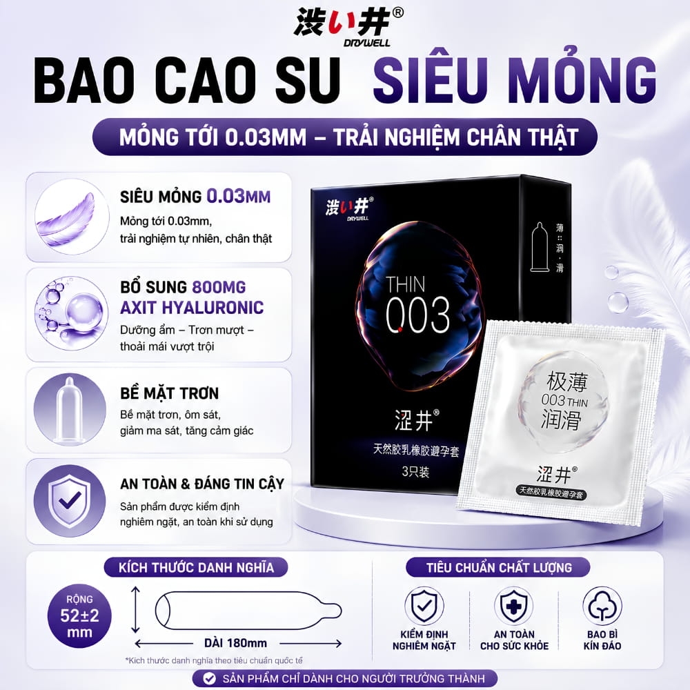 Bao cao su DryWell Ultra Thin 003 siêu mỏng hộp 3 chiếc