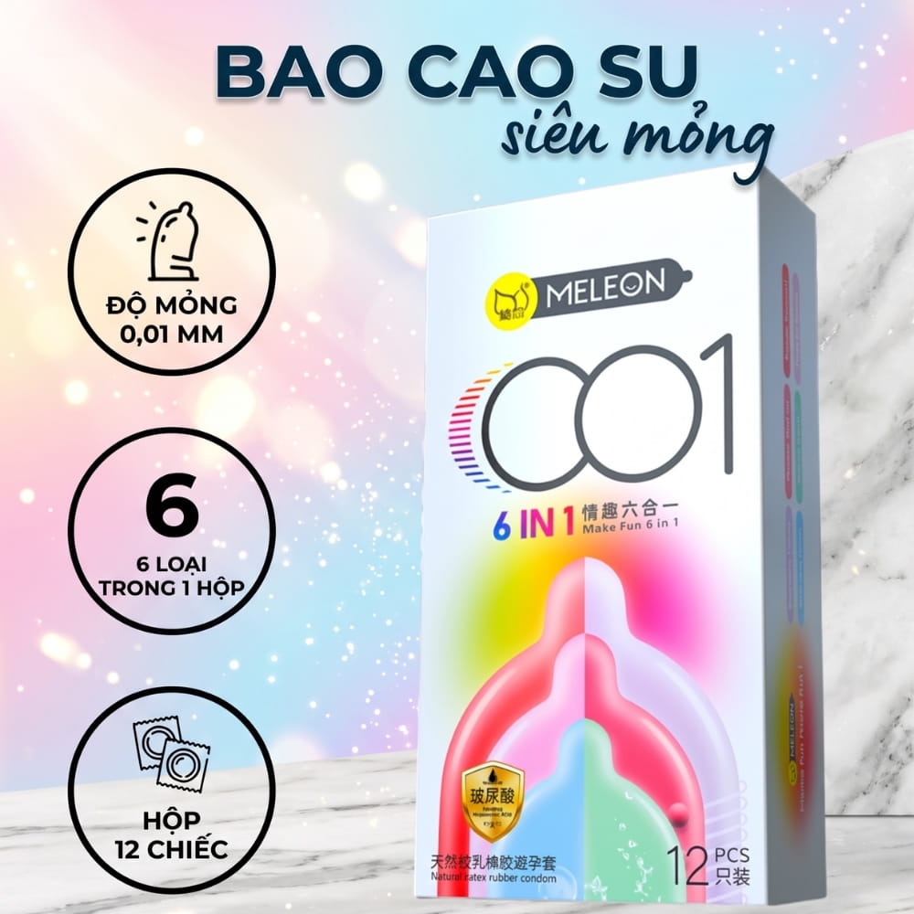 Bao cao su Meleon 001 6 in 1 siêu mỏng hộp 12 chiếc