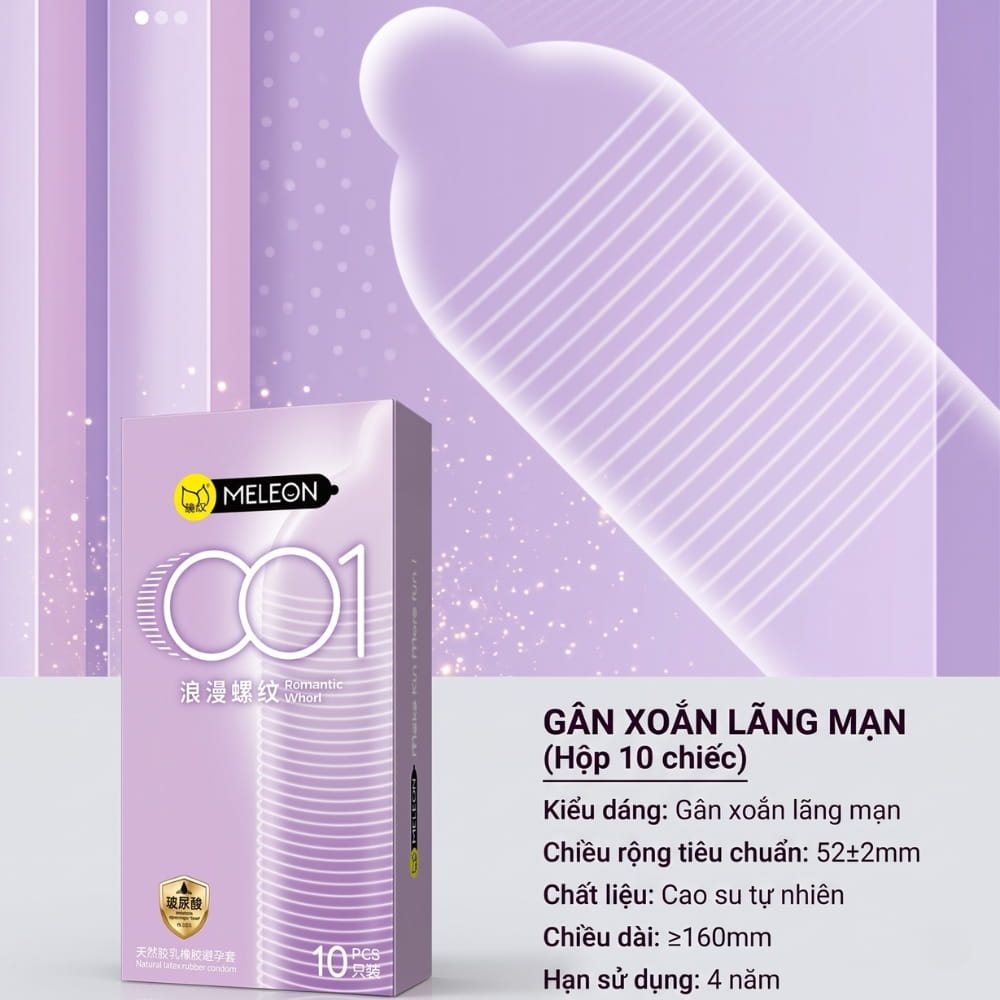 Bao cao su Meleon 001 Romantic Whorl gân xoắn hộp 10 chiếc