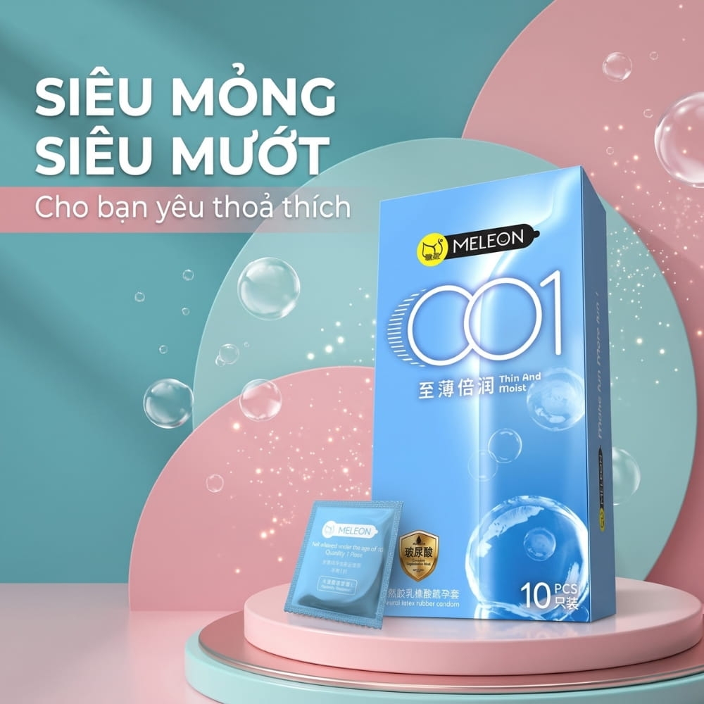 Bao cao su Meleon 001 Thin And Moist siêu mỏng nhiều gel hộp 10 chiếc