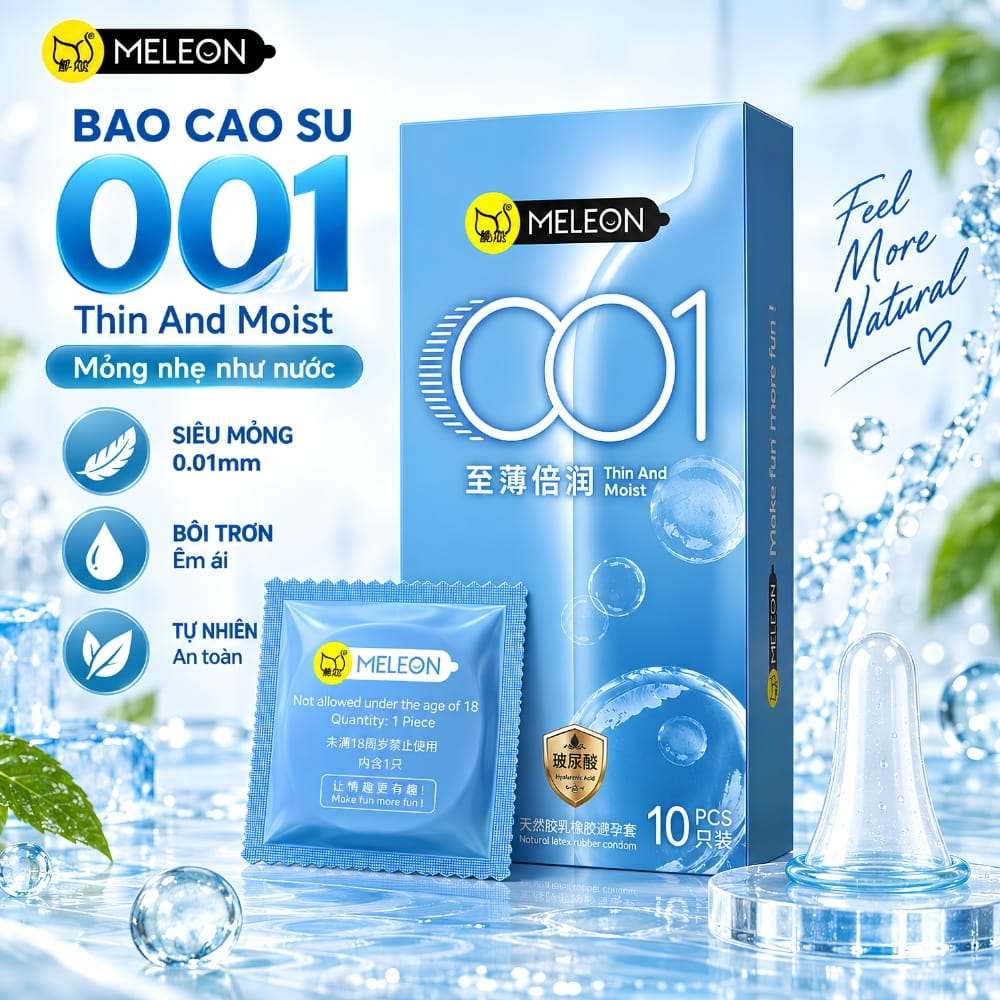 Bao cao su Meleon 001 Thin And Moist siêu mỏng nhiều gel hộp 10 chiếc