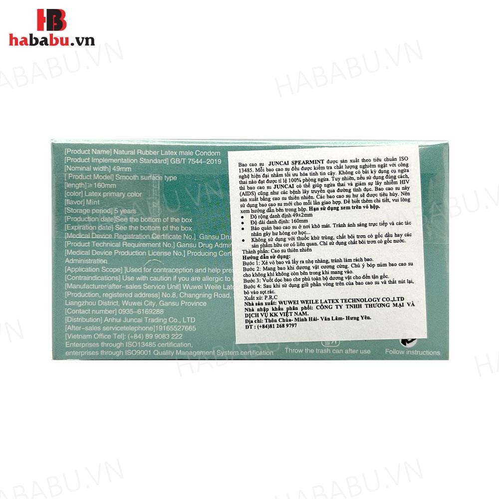 Bao cao su siêu mỏng Juncai Spearmint kéo dài thời gian hộp 10 chiếc chính hãng