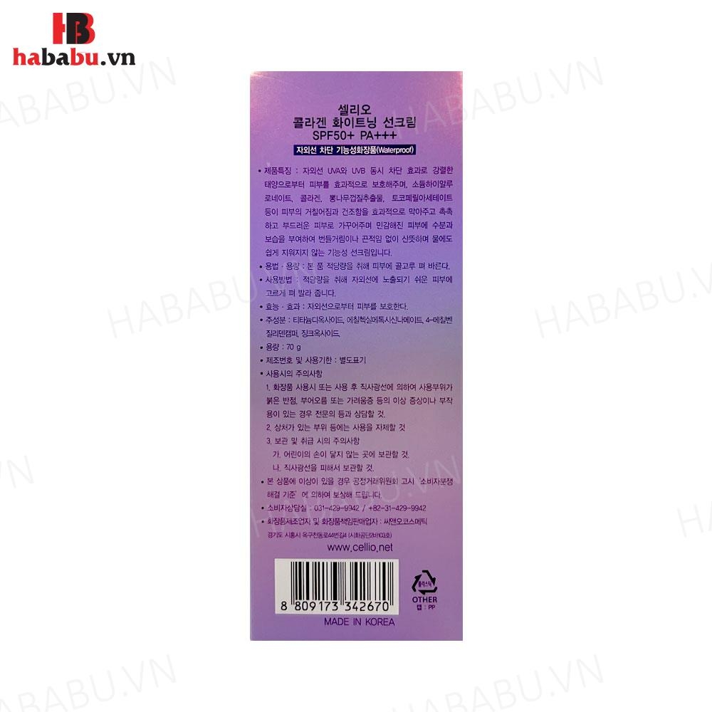 Kem chống nắng Cellio Collagen Whitening Sun Cream 70gr chính hãng