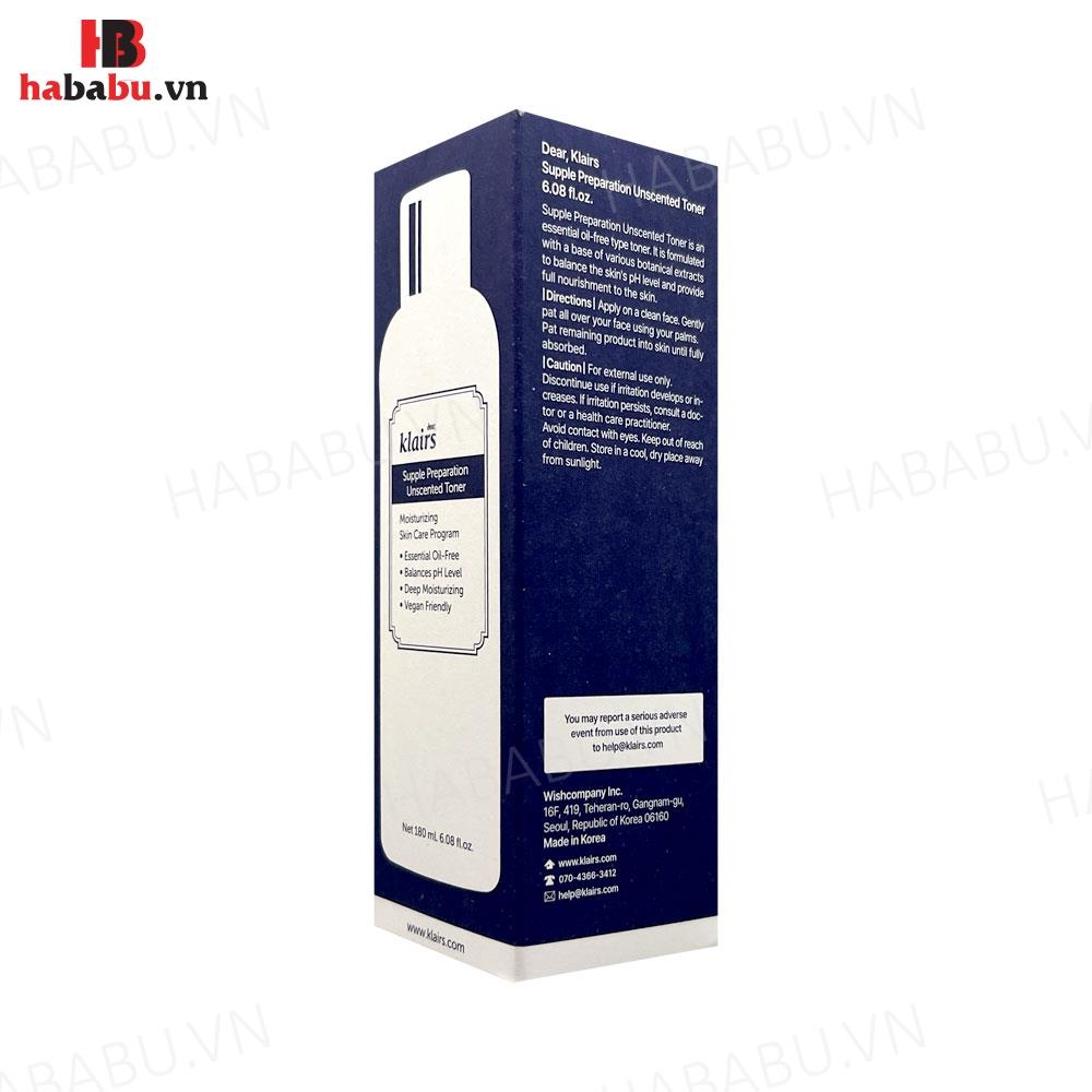 Nước hoa hồng Klairs Supple Preparation Unscented Toner 180ml chính hãng.