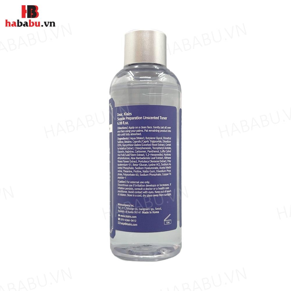 Nước hoa hồng Klairs Supple Preparation Unscented Toner 180ml chính hãng.