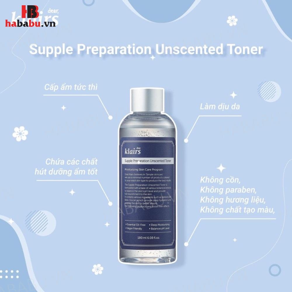 Nước hoa hồng Klairs Supple Preparation Unscented Toner 180ml chính hãng.