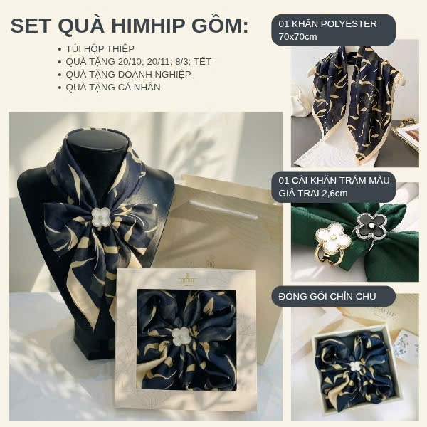 Set Quà 20/10 HimHip Khăn Lụa 70x70cm & Cài Khăn Kèm Túi Hộp Thiệp - 1391