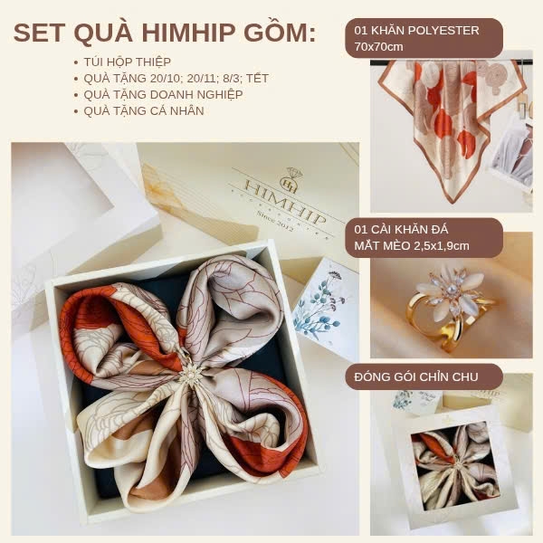 Set Quà 20/10 HimHip Khăn Lụa 70x70cm & Cài Khăn Kèm Túi Hộp Thiệp - 1392