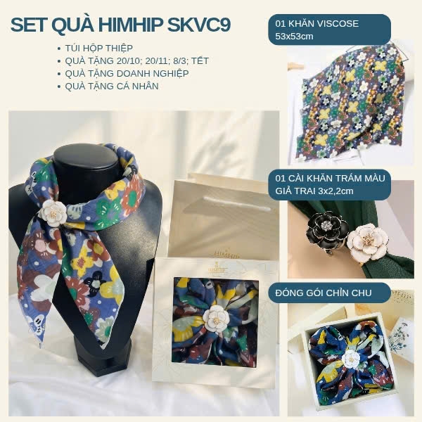 Set Quà 20/10 HimHip Khăn Viscose 53*53cm & Cài Khăn Kèm Túi Hộp Thiệp - 09