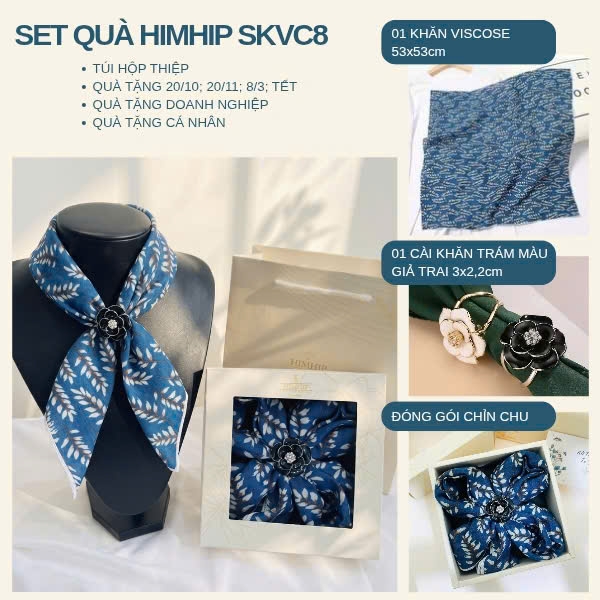 Set Quà 20/10 HimHip Khăn Viscose 53*53cm & Cài Khăn Kèm Túi Hộp Thiệp - 08