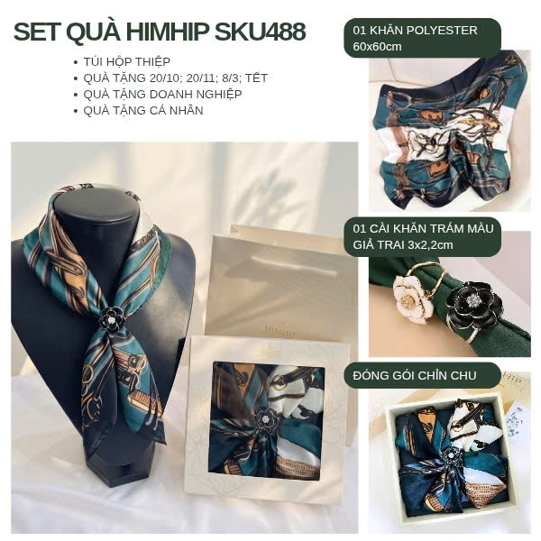 Set Quà 20/11 HimHip Lụa Vuông 60*60cm & Cài Khăn Kèm Túi Hộp Thiệp - 488