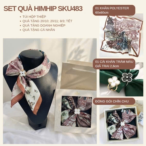 Set Quà 20/11 HimHip Lụa Vuông 60*60cm & Cài Khăn Kèm Túi Hộp Thiệp - 483