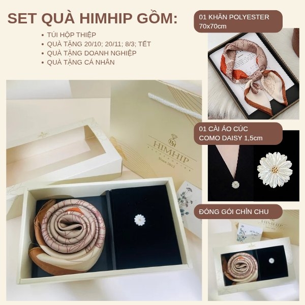Set Quà 20/10 HimHip Khăn Lụa 70*70cm & Cài Áo Kèm Túi Hộp Thiệp - 1380