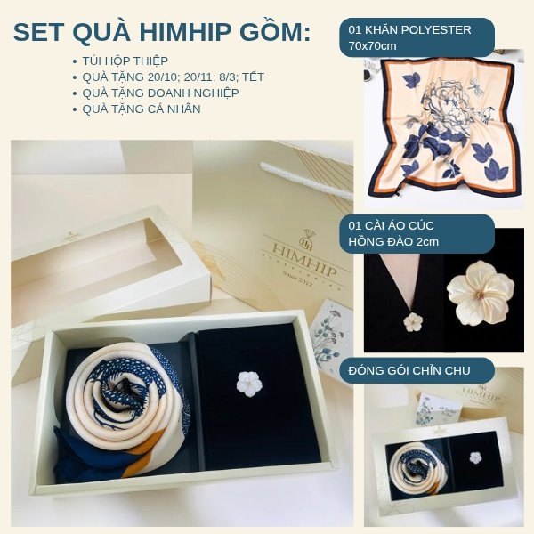 Set Quà 20/10 HimHip Khăn Lụa 70*70cm & Cài Áo Kèm Túi Hộp Thiệp - 1378