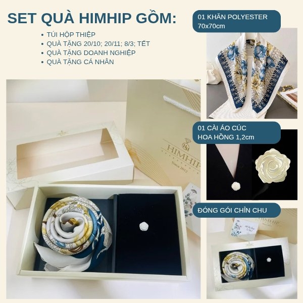 Set Quà 20/10 HimHip Khăn Lụa 70*70cm & Cài Áo Kèm Túi Hộp Thiệp - 1381