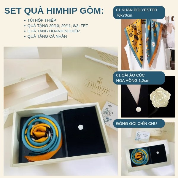 Set Quà 20/10 HimHip Khăn Lụa 70*70cm & Cài Áo Kèm Túi Hộp Thiệp - 1377