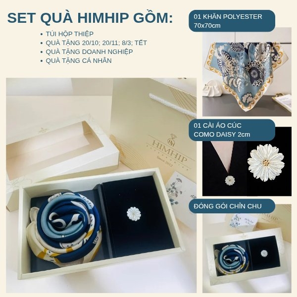 Set Quà 20/10 HimHip Khăn Lụa 70*70cm & Cài Áo Kèm Túi Hộp Thiệp - 1382