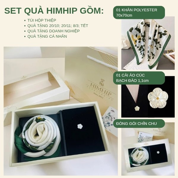 Set Quà 20/10 HimHip Khăn Lụa 70*70cm & Cài Áo Kèm Túi Hộp Thiệp - 1379