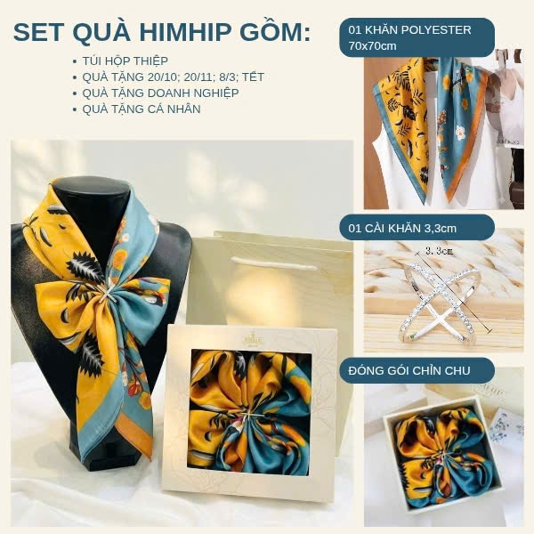 Set Quà 20/10 HimHip Khăn Lụa 70x70cm & Cài Khăn Kèm Túi Hộp Thiệp - 480