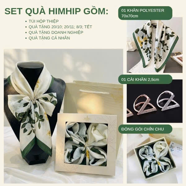 Set Quà 20/10 HimHip Khăn Lụa 70x70cm & Cài Khăn Kèm Túi Hộp Thiệp - 478