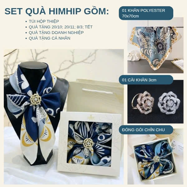 Set Quà 20/10 HimHip Khăn Lụa 70x70cm & Cài Khăn Kèm Túi Hộp Thiệp - 473