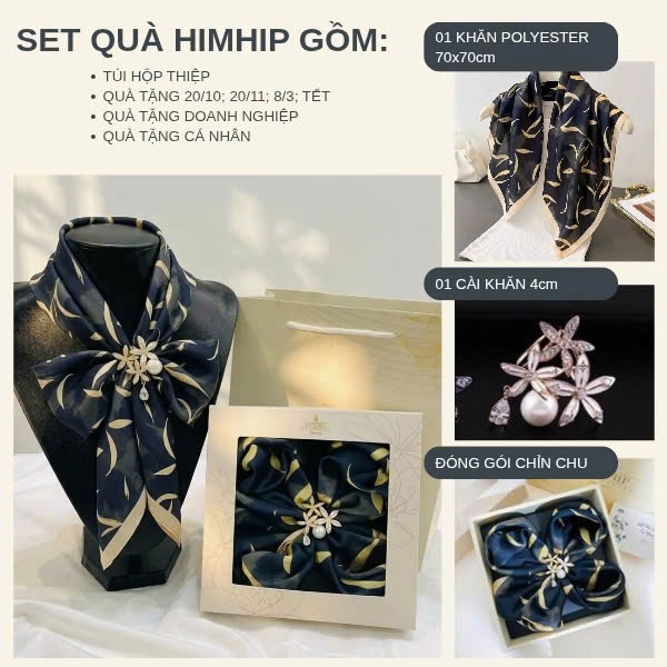 Set Quà 20/10 HimHip Khăn Lụa 70x70cm & Cài Khăn Kèm Túi Hộp Thiệp - 474