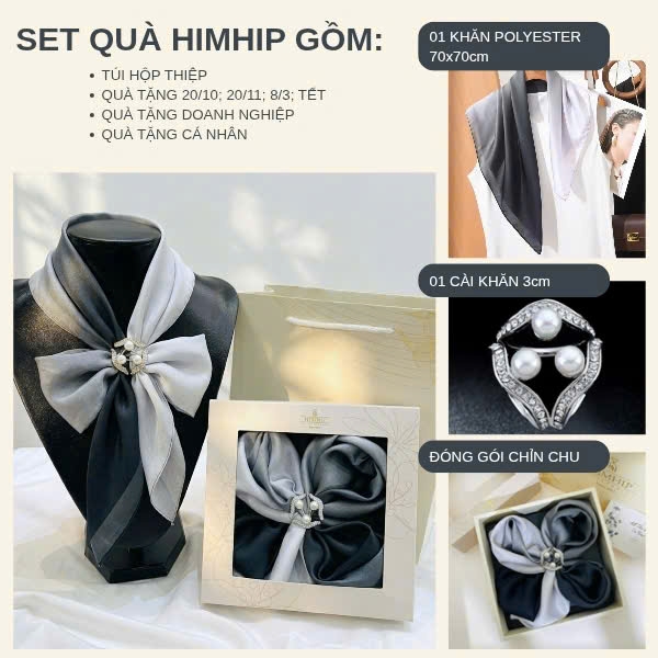 Set Quà 20/10 HimHip Khăn Lụa 70x70cm & Cài Khăn Kèm Túi Hộp Thiệp - 481