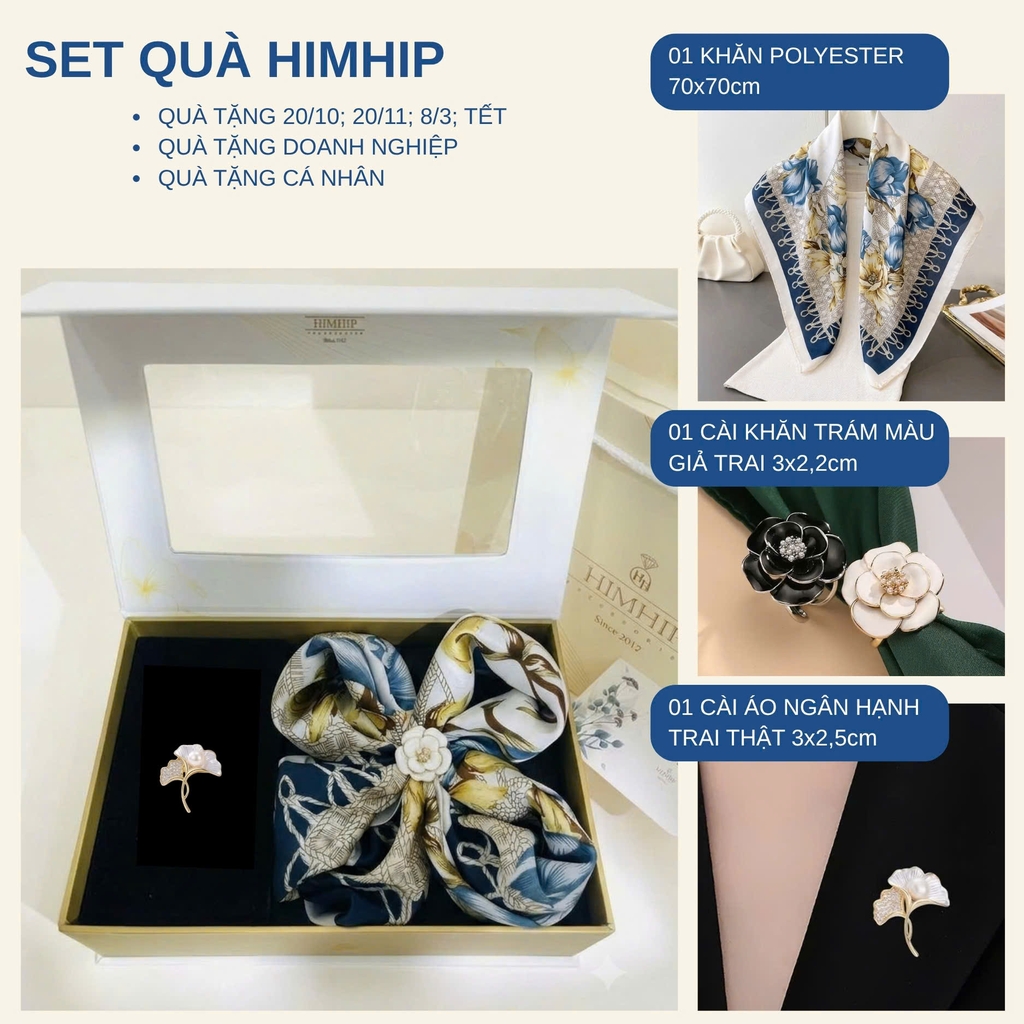 Set Quà 20/10 HimHip Khăn Lụa Vuông 70x70cm & Cài Khăn, Cài Áo Kèm Túi Hộp Thiệp - 1486