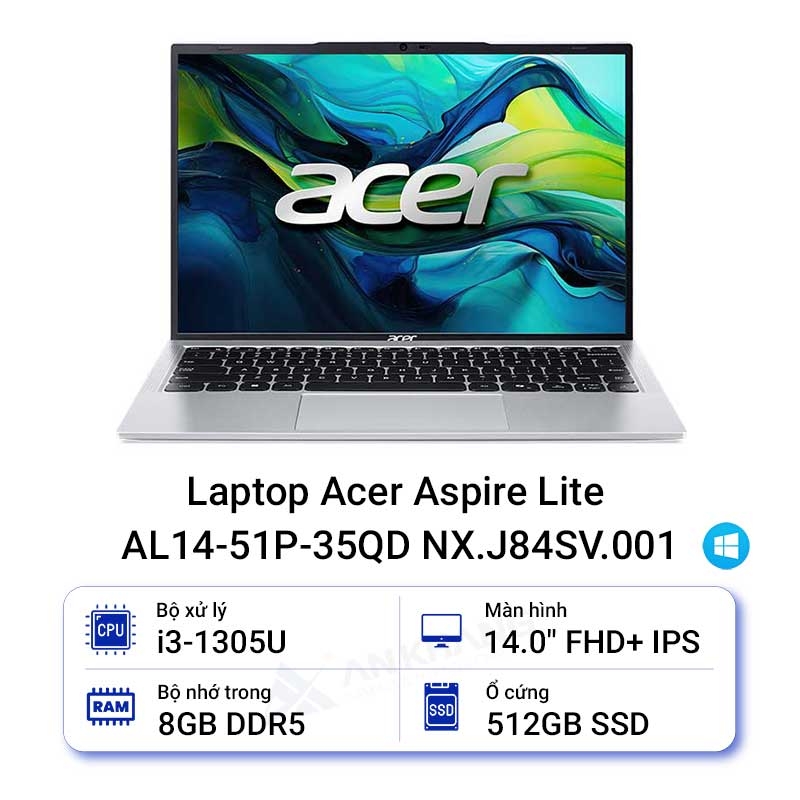 Laptop Acer Aspire Lite 14 AL14-51P-35QD NX.J84SV.001 (Core™ i3-1305U | 8GB | 512GB | Intel® UHD Graphics | 14.0inch FHD+ | Win 11 | Bạc)