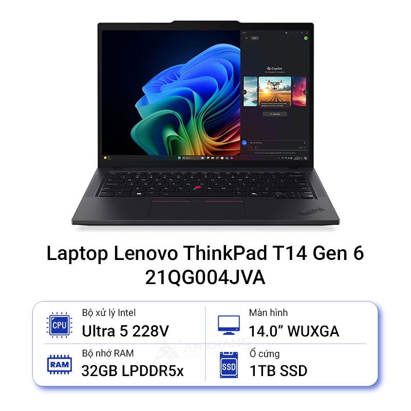 Laptop Lenovo ThinkPad T14 Gen 6 (21QG004JVA) | Intel Core Ultra 5 228V | RAM 32GB DDR5 | 1TB SSD | Intel Arc Graphics 130V | 14 inch WUXGA |Black | No OS |3Yrs
