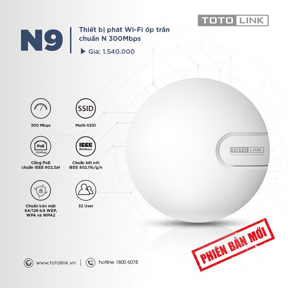 Totolink N9 - V2 Thiết bị phát Wi-Fi ốp trần chuẩn N 300Mbps kèm nguồn POE