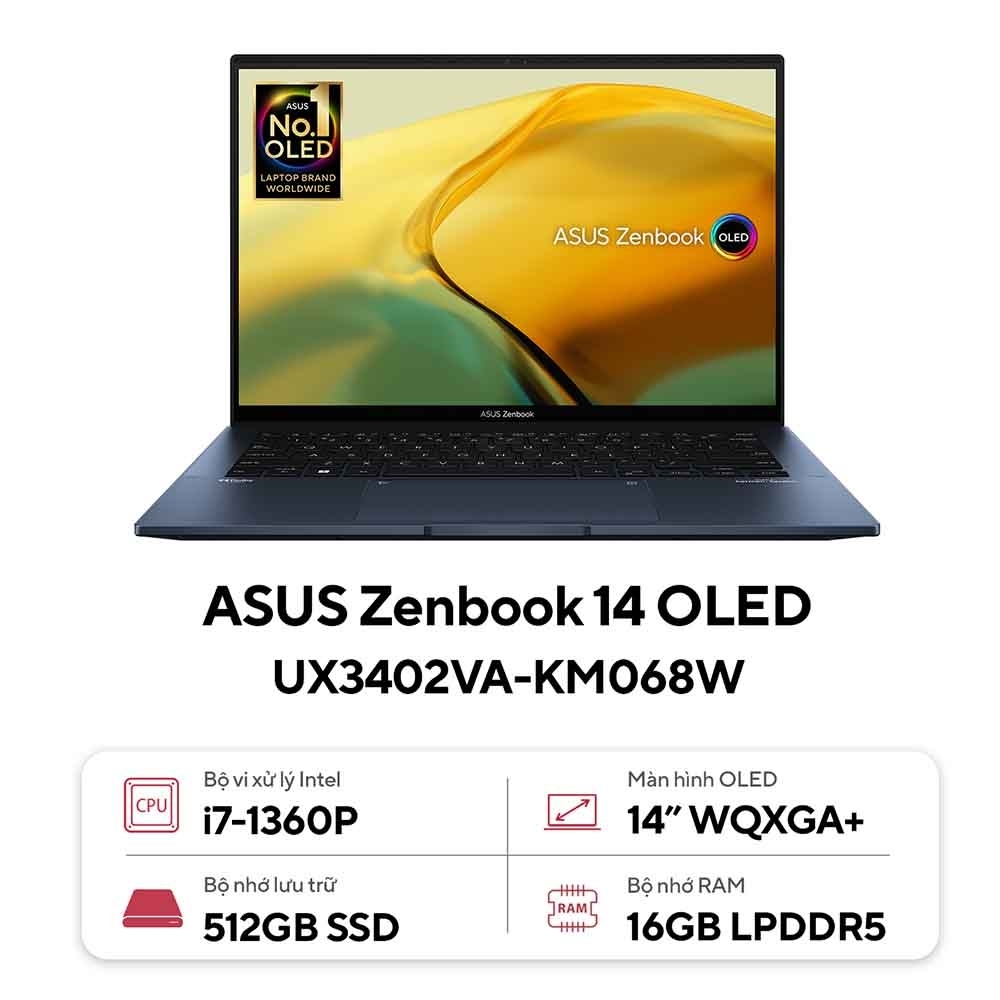 Laptop Asus Zenbook 14 OLED UX3402VA-KM068W 90NB10G1-M003Y0 (Intel Core i7-1360P | 16GB | 512GB | Intel Iris Xe | 14 inch OLED WQXGA+ | Win 11 | Xanh)