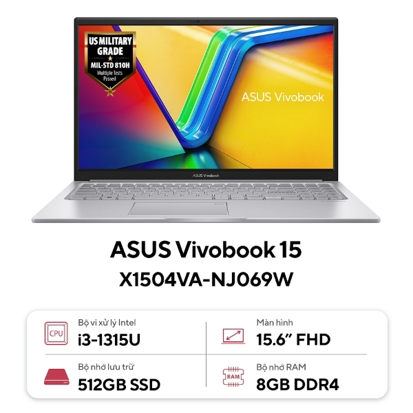 Laptop Asus Vivobook X1504VA-NJ069W (Core i3 1315U/ 8GB/ 512GB SSD/ Intel UHD Graphics/ 15.6inch Full HD/ Windows 11 Home/ Silver/ Vỏ nhựa)