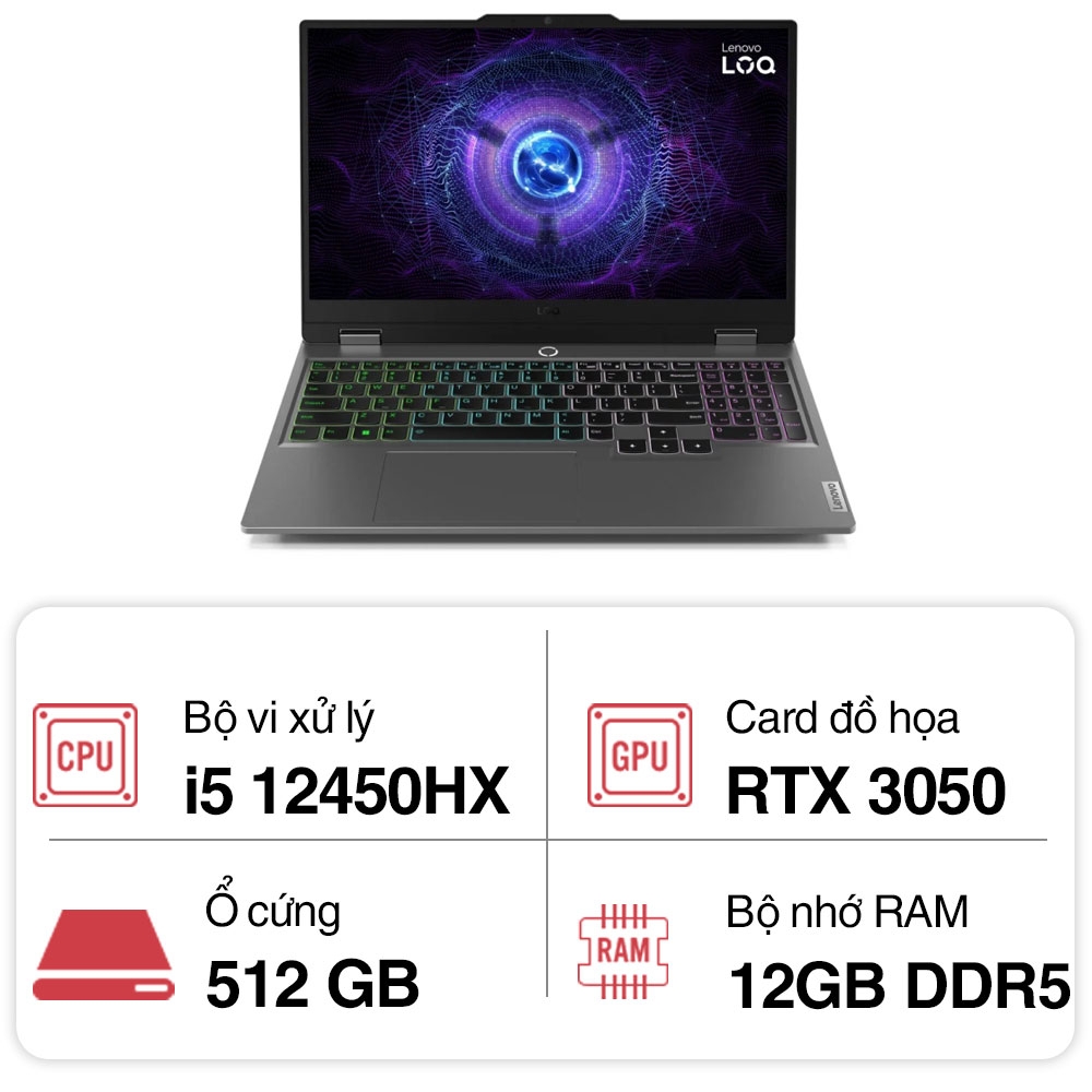 Laptop Lenovo LOQ Gaming 15IAX9 (i5 12450HX/ 12GB/ 512GB SSD/ RTX 3050 6Gb/ 15.6 inch FHD/ 144Hz/ Win11/ 2Y)