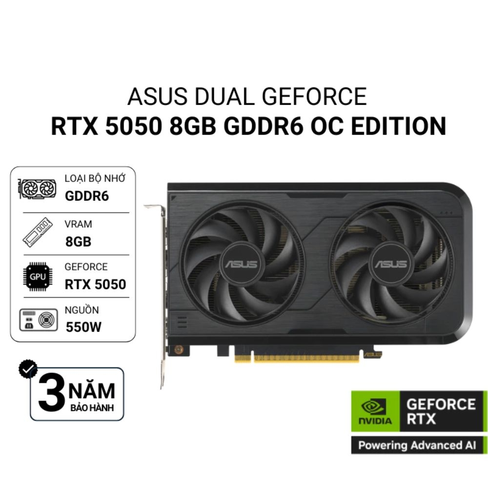 Cạc màn hình Asus Dual GeForce RTX 5050 8GB GDDR6 OC Edition (GDDR6/ 128 bit)
