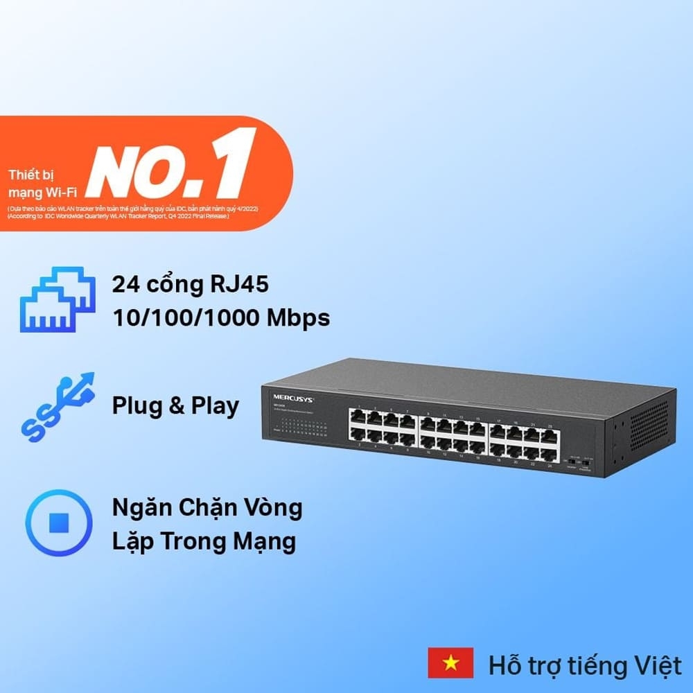 Switch Mercusys MS124GS (Gigabit 1000Mbps/ 24 Cổng/ Vỏ kim loại)