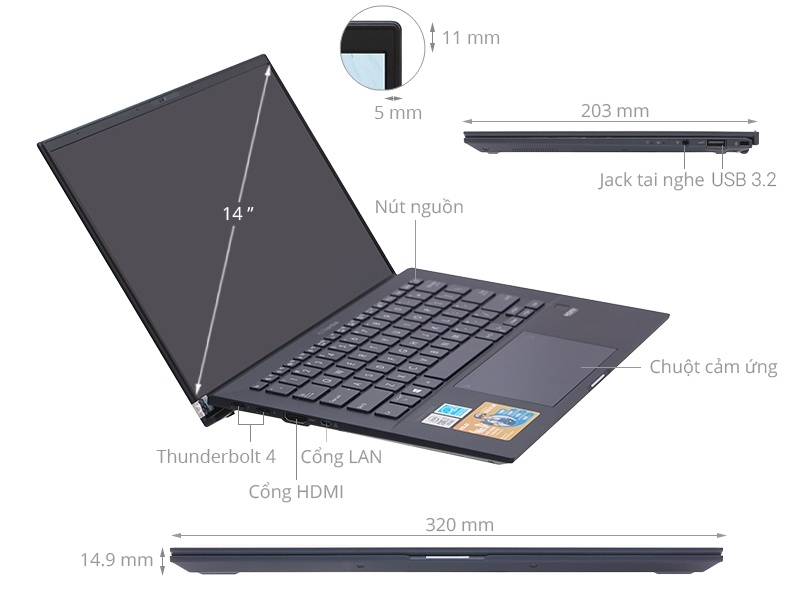 Laptop Asus ExpertBook B9400CEA i7 1165G7/16GB/52GB SSD/Cáp/Túi/ DOS / 1kg)