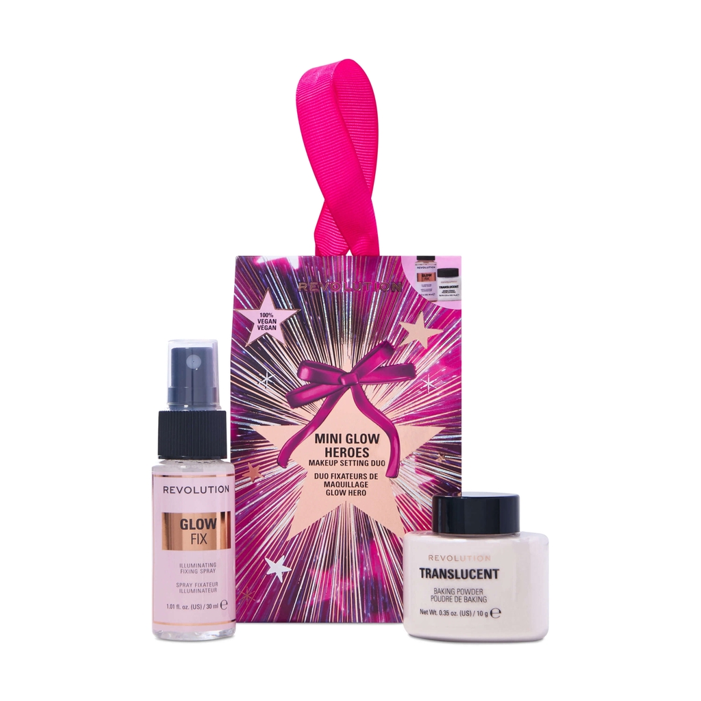 Set Xịt Khóa Nền & Phấn Phủ Revolution Mini Glow / Matte Heroes Makeup Setting Duo