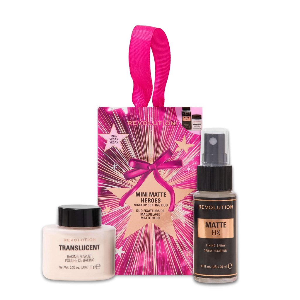 Set Xịt Khóa Nền & Phấn Phủ Revolution Mini Glow / Matte Heroes Makeup Setting Duo