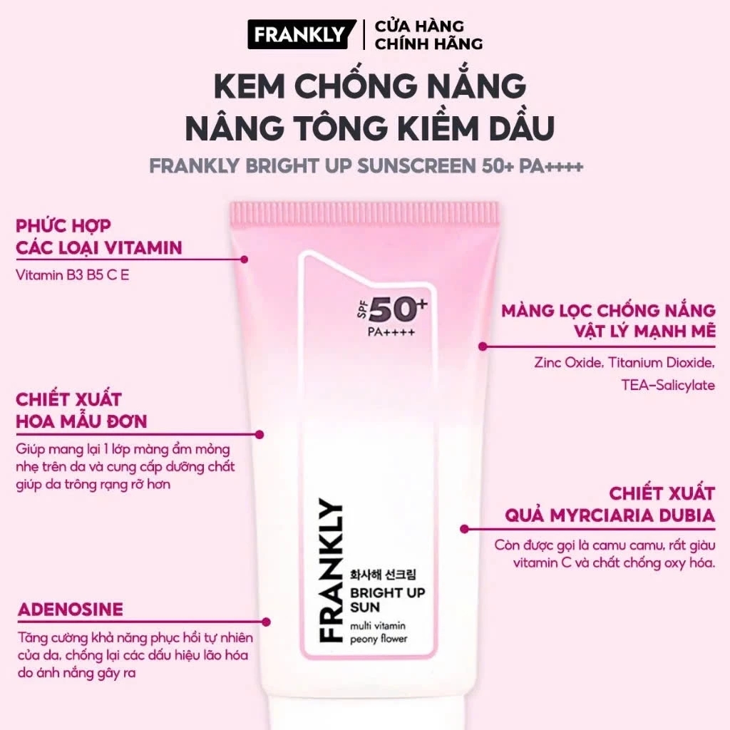 Kem chống nắng FRANKLY Bright Up Sun hỗ trợ nâng tông kiềm dầu SPF 50+ PA++++ 50ml