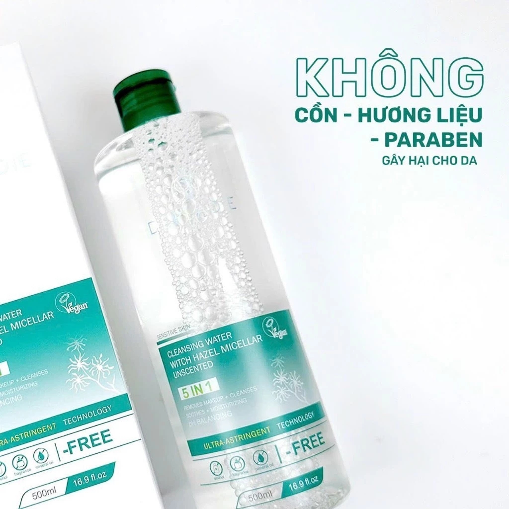 Tẩy Trang Thuần Chay Sạch Dịu Êm Cho Da Dầu Mụn Derladie Cleansing Water Witch Hazel Micellar Unsented 500ML