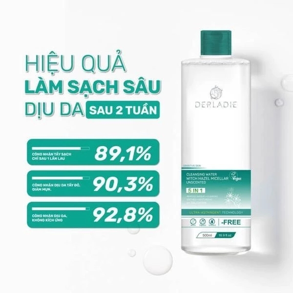 Tẩy Trang Thuần Chay Sạch Dịu Êm Cho Da Dầu Mụn Derladie Cleansing Water Witch Hazel Micellar Unsented 500ML