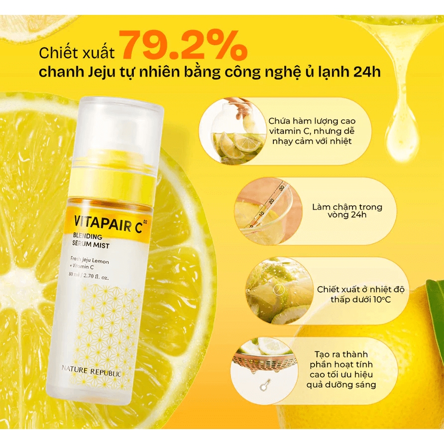 Serum Nature Republic dạng xịt khoáng 2 trong 1 dưỡng trắng căng bóng da Vitapair C Blending Serum Mist 80ml